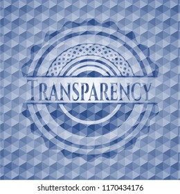 Transparency blue emblem or badge with geometric pattern background.