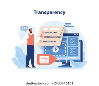 Transparencia en la ilustración de marca. Destaca la importancia de procesos de producción claros, abastecimiento de materiales y gestión en la construcción de una marca transparente. Ilustración vectorial plana.