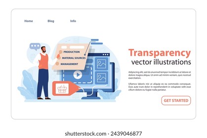 Transparencia en la ilustración de marca. Destaca la importancia de procesos de producción claros, abastecimiento de materiales y gestión en la construcción de una marca transparente. Ilustración vectorial plana.