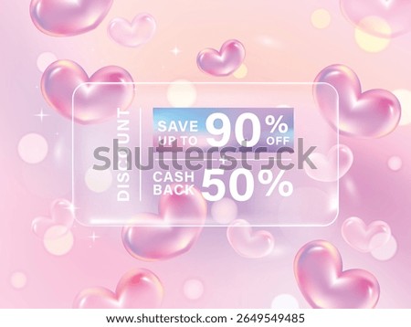 Transparency coupon banner for Discount online shopping with Holography Vibrant Gradient hearts shape and decorations background. Vector Premium.
