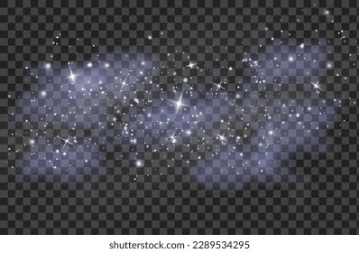 Transparency is created by fog or smoke. Cloud vector, snow storm. Shine of stars through a snowy haze. blue sky.