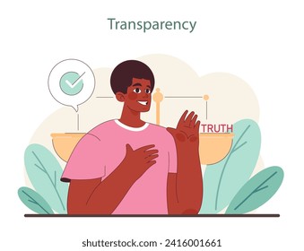 Transparency in Ethical Behavior. A figure gesturing towards a checkmark symbolizing approved truth above a scale of ethics. Flat vector illustration.