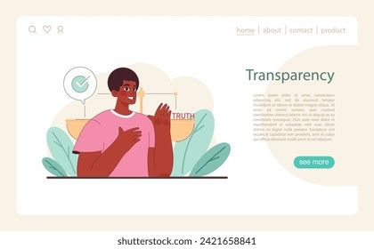 Transparency in Ethical Behavior. A figure gesturing towards a checkmark symbolizing approved truth above a scale of ethics. Flat vector illustration.