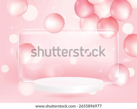 Transparency glass banner label with 3D pink pastel balloon. Discount offer tag with shiny, glossy, reflective surface.