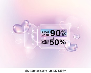 Transparency glass coupon label with 3D glossy holographic chrome heart gradient background. Discount offer tag with shiny, glossy, reflective surface.
