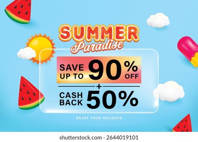 Transparency glass coupon label with 3D watermelon, clouds and ice cream bar icons. Discount offer tag with shiny, glossy, reflective surface.