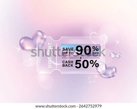 Transparency glass coupon label with 3D glossy holographic chrome heart gradient background. Discount offer tag with shiny, glossy, reflective surface.