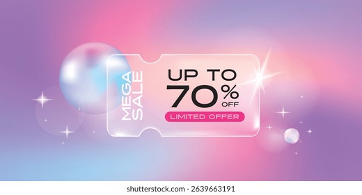 Transparency glass coupon label with balloon and pastel gradient background. Discount offer tag with shiny, glossy, reflective surface.