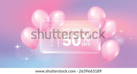Transparency glass coupon label with balloon and pastel gradient background. Discount offer tag with shiny, glossy, reflective surface.