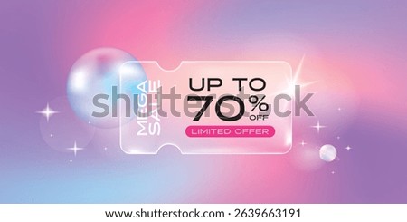Transparency glass coupon label with balloon and pastel gradient background. Discount offer tag with shiny, glossy, reflective surface.