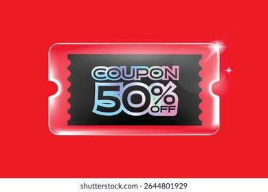 Transparantieglas coupon label Korting aanbod tag met glanzend, glanzend, reflecterend oppervlak.