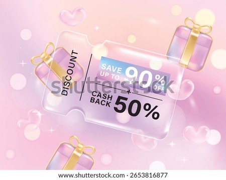 Transparency glassmorphism gift voucher coupon for discount sale on gradient background. Discount offer tag with shiny, glossy, reflective surface.