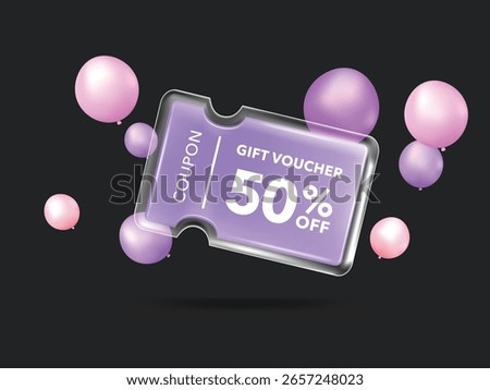 Transparency glassmorphism gift voucher discount coupon For business promotion sales and Discount online purchases. Tag label, sale banner. 3d rendering.