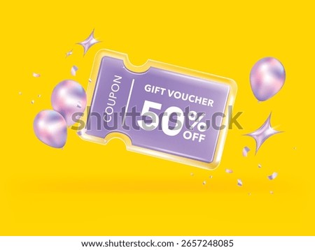 Transparency glassmorphism gift voucher discount coupon For business promotion sales and Discount online purchases. Tag label, sale banner. 3d rendering.