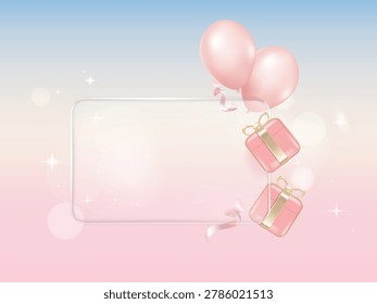 Transparency Glassmorphism notification pop up window pink and balloon and gift box grandient background.