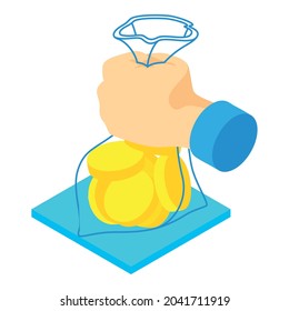 Transparency icon isometric vector. Transparent bag of gold coin in the hand. Financial technology, digital money, virtual currency, cryptocurrency concept
