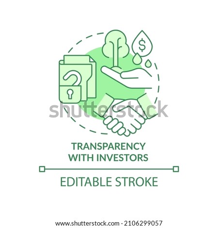 Transparency with investors green concept icon. Financial operations openness abstract idea thin line illustration. Isolated outline drawing. Editable stroke. Roboto-Medium, Myriad Pro-Bold fonts used