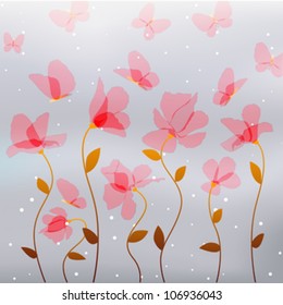 transparency pink flowers with butterfly on abstract gray blur background