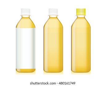 Transparency plastic bottle have yellow liquids. Bottle have a blank label white color. Idea for packaging mock up.