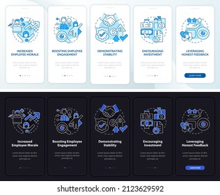Transparency profit night and day mode onboarding mobile app screen. Walkthrough 5 steps graphic instructions pages with linear concepts. UI, UX, GUI template. Myriad Pro-Bold, Regular fonts used