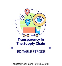 Transparency In Supply Chain Concept Icon. Responsible Business Abstract Idea Thin Line Illustration. Isolated Outline Drawing. Editable Stroke. Roboto-Medium, Myriad Pro-Bold Fonts Used