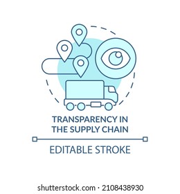 Transparency in supply chain turquoise concept icon. Logistics and tracking abstract idea thin line illustration. Isolated outline drawing. Editable stroke. Roboto-Medium, Myriad Pro-Bold fonts used
