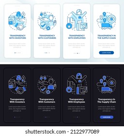 Transparency types night and day mode onboarding mobile app screen. Walkthrough 4 steps graphic instructions pages with linear concepts. UI, UX, GUI template. Myriad Pro-Bold, Regular fonts used