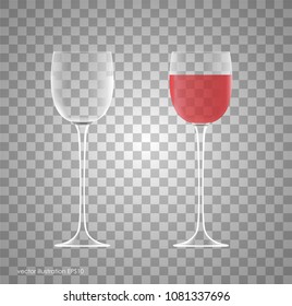 Transparency wine glass. Empty and full.