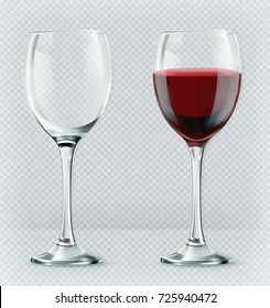 Прозрачный бокал вина. Пустой и полный. 3d реализм, векторная иконка