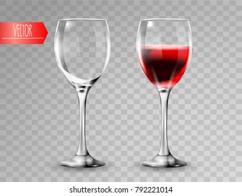 Transparency Wine Glass. Empty And Full. 3d Realism, Vector Icon.