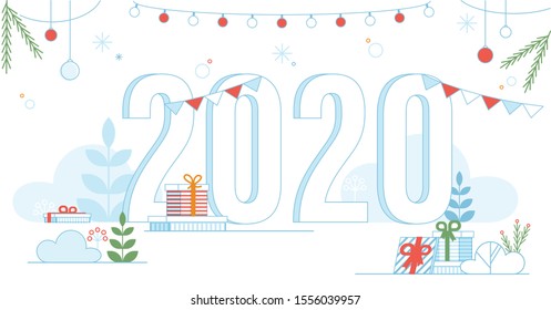 Transparent 2020 New Year Symbol Festive Flat Poster. Cartoon Merry Christmas Decoration as Fir Branches, Flags Garlands, Present Boxes. Winter Holidays Celebration and Greetings. Vector Illustration