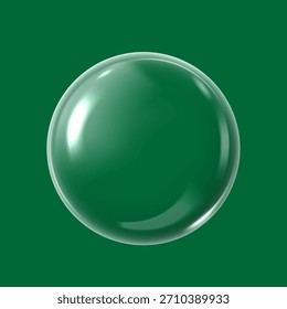 A transparent 3D bubble on a green isolated background. Glass or crystal sphere. Geometric shape. Collagen, dewdrop, water. Cosmetology, futurism theme. Realistic vector illustration.