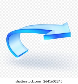 Transparent 3D glass blue arrow curves from left to right, indicating direction, return, or refresh. Ideal for user interfaces, web design, and conceptual diagrams. Vector Illustration.