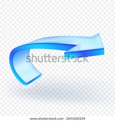 Transparent 3D glass blue arrow curves from left to right, indicating direction, return, or refresh. Ideal for user interfaces, web design, and conceptual diagrams. Vector Illustration.