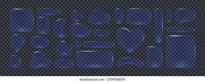 Transparent 3d glass button shapes and icons in one morphism design set. Glossy highlights and soft reflections create modern ui style with elegant glass button morphism look.
