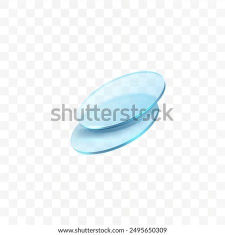 Transparent 3D glass disc icon. Vector illustration of a shiny blue circular glass element with a smooth reflective surface. Isolated on a checkered background.