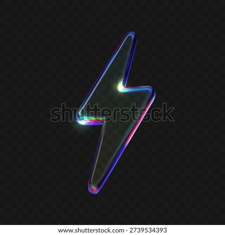 Transparent 3D glass lightning bolt icon with holographic gradient effect on black background, modern tech energy symbol with neon glow and realistic thunder shape