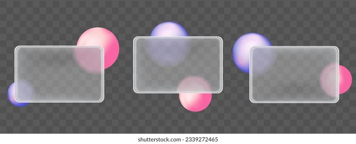 Transparent 3d glass morphism vector frame design for ui screen template. Abstract glassmorphism bubble icon. Modern mobile app interface, media post with card mockup. Futuristic rectangle graphic