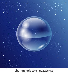Transparent 3d Sphere. Air or Water bubble. Cosmic background. Abstract futuristic background. Shiny crystal Globe.