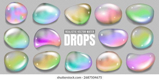gota de água 3d transparente ou bolha líquida com luz arco-íris e textura gradiente holográfica. Ícone de bola de ar iridescente, balão de vidro brilhante, água da natureza e mar ou gota de chuva. Cristal fluido