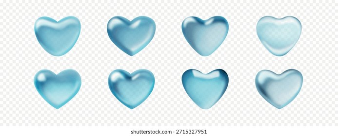 Corazones de agua 3d transparentes. Conjunto de símbolos de amor vidriosos aislados sobre fondo transparente