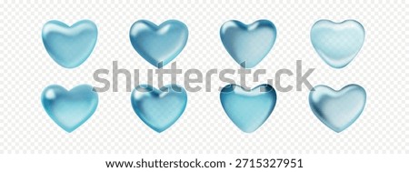 Transparent 3d water hearts. Set of glassy love symbols isolated on transparent background
