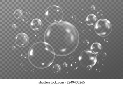 Transparent 3d water soap, foam air bubbles. Realistic circle wash balls drops, liquid reflection, dreamy glossy spheres. Laundry detergent. Vector abstract neoteric illustration