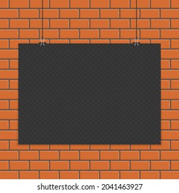 Transparent A4 paper mock up in realistic style. Blank sheet of Paper on the red brick wall background. Modern template of poster for your presentation. Vector illustration EPS 10.