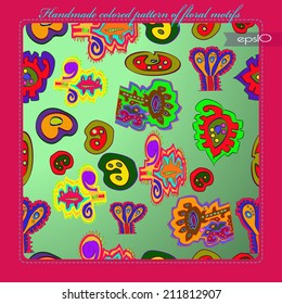 Transparent abstract card of floral pattern of colored plants, shapes on a gradient  rounded rectangle and  azure text on a pink frame.Handmade.