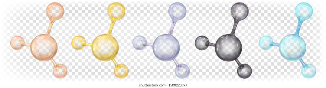 Transparent abstract reflecting glass molecules of different colors. Gold, silver, blue, black, peach colors. Vector 3d illustration isolated on transparent background.