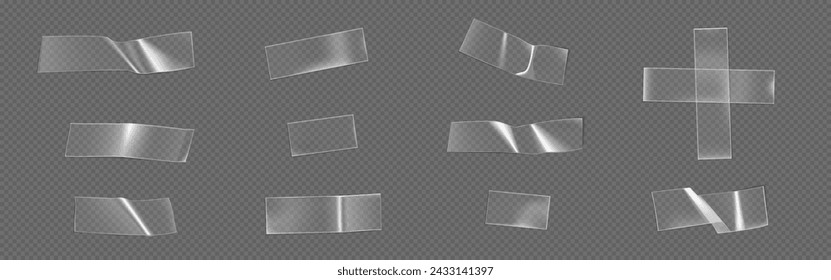 Transparent adhesive plastic cut tape patch. Realistic vector illustration set of rectangular and cross glue strip with wrinkles. Mockup of sticky crumpled sellotape film piece with overlay effect.