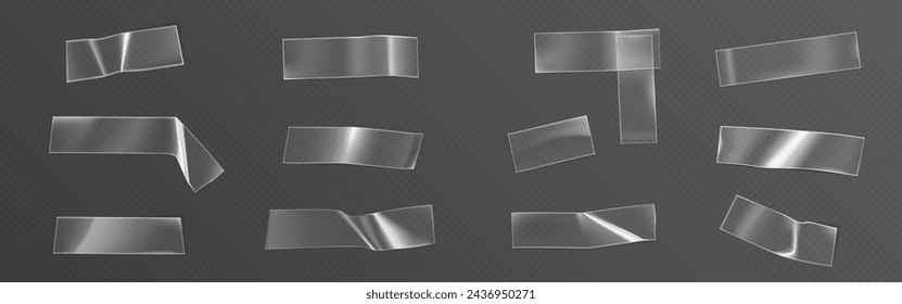 Transparent adhesive plastic cut tape patch. Realistic vector illustration set of rectangular and cross glue strip with wrinkles. Mockup of sticky crumpled sellotape film piece with overlay effect.