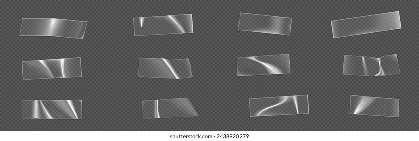 Transparent adhesive plastic cut tape patch mockup. Realistic vector illustration set of clear sticky strip with wrinkles. Sticky crumpled sellotape film piece. Piece of glued scotch band.