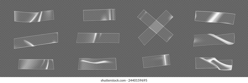 Parche de cinta adhesiva transparente de plástico. Conjunto de ilustración vectorial realista de tira de pegamento rectangular y cruzada con arrugas. Maqueta de película de sellotape pegajosa arrugada con efecto superpuesto.